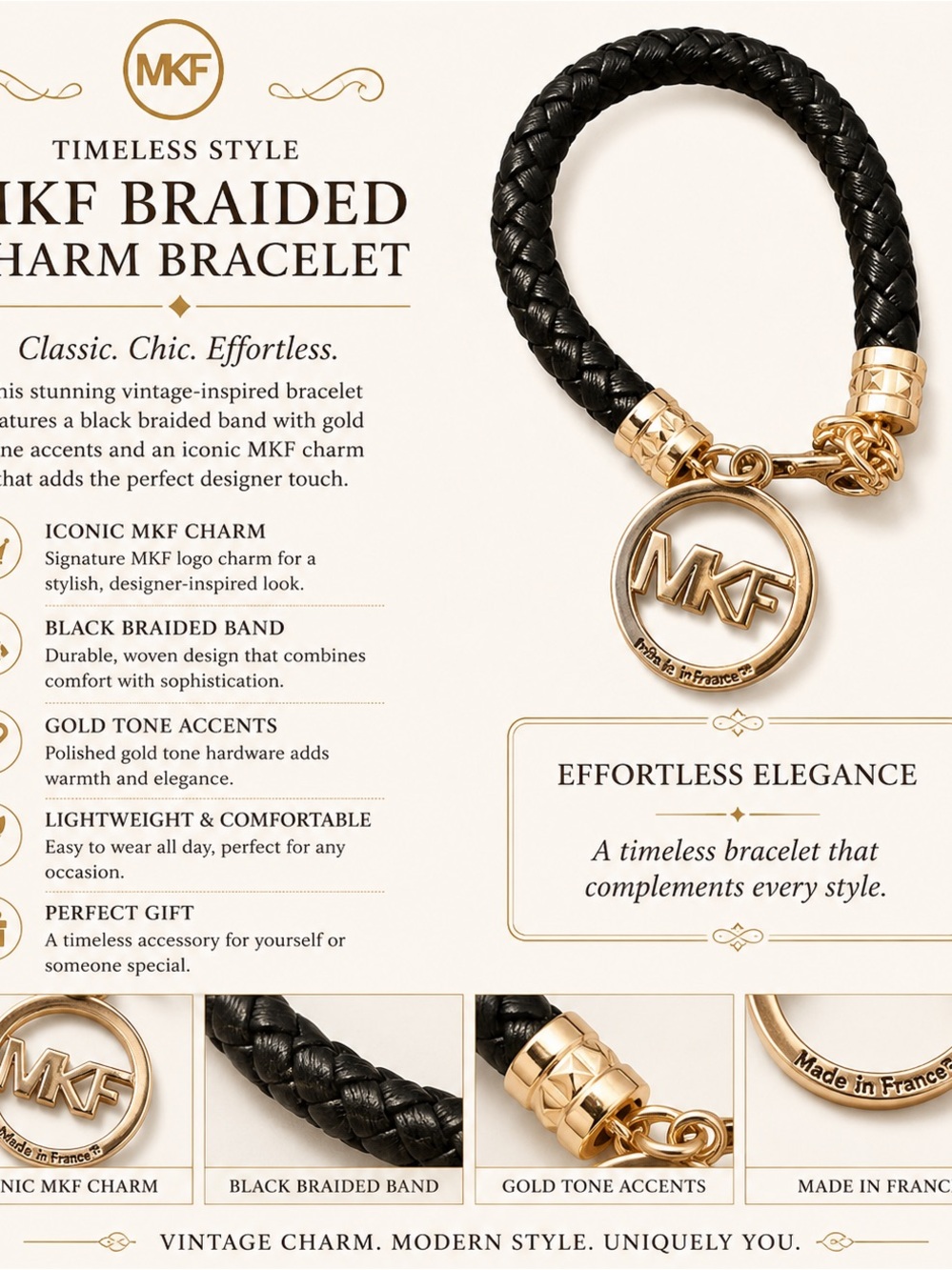 MKF Braided Charm Bracelet Black Gold Tone Designer Inspired Bracelet